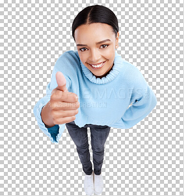 Buy stock photo Happy woman, portrait and thumbs up above for winning, success or OK isolated on a transparent PNG background. Female person smile with like emoji, yes sign or approval in thank you, okay or good job
