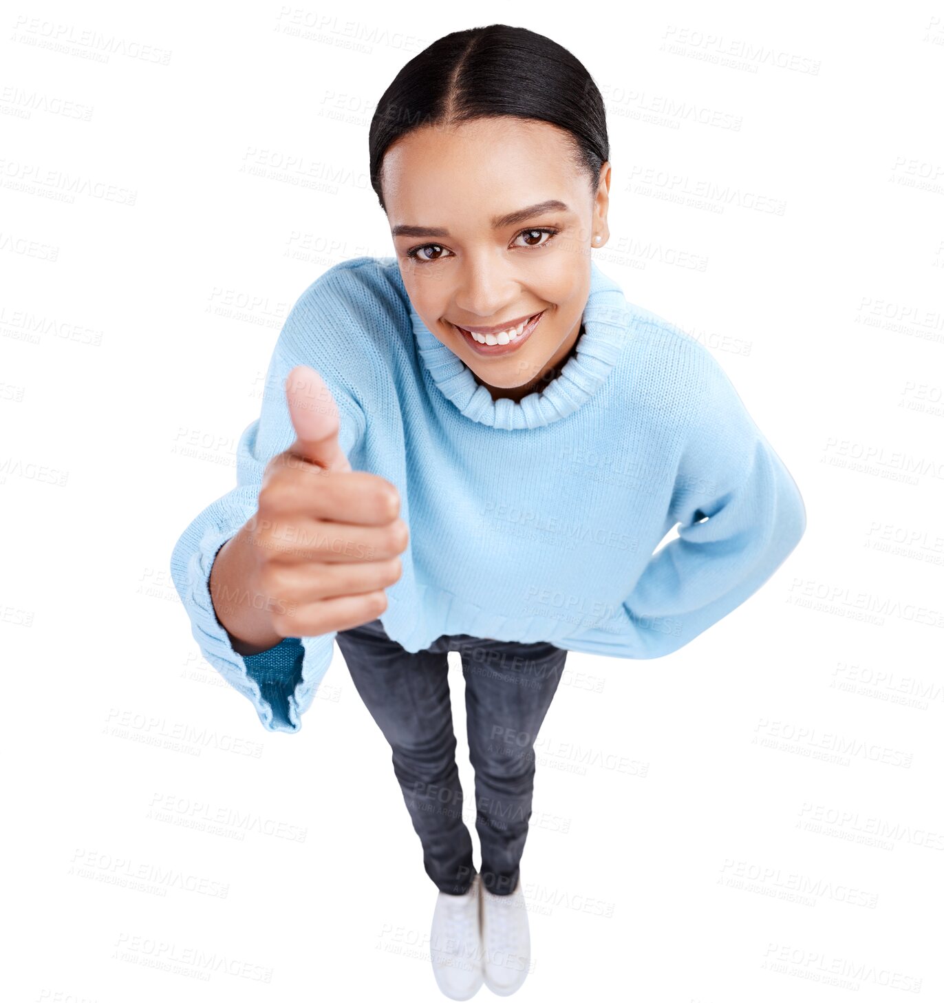 Buy stock photo Happy woman, portrait and thumbs up above for winning, success or OK isolated on a transparent PNG background. Female person smile with like emoji, yes sign or approval in thank you, okay or good job