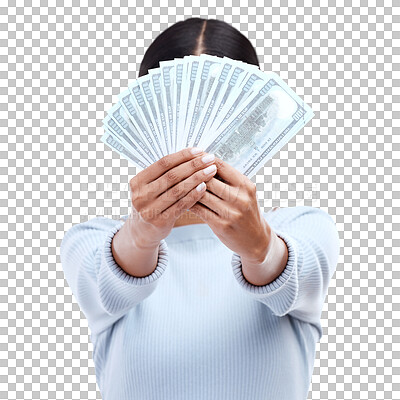Dollar money, hands or studio woman with lottery award win, competition giveaway or bonus cash payment. Finance trading bills, financial freedom or prize winner with person hidden on white background