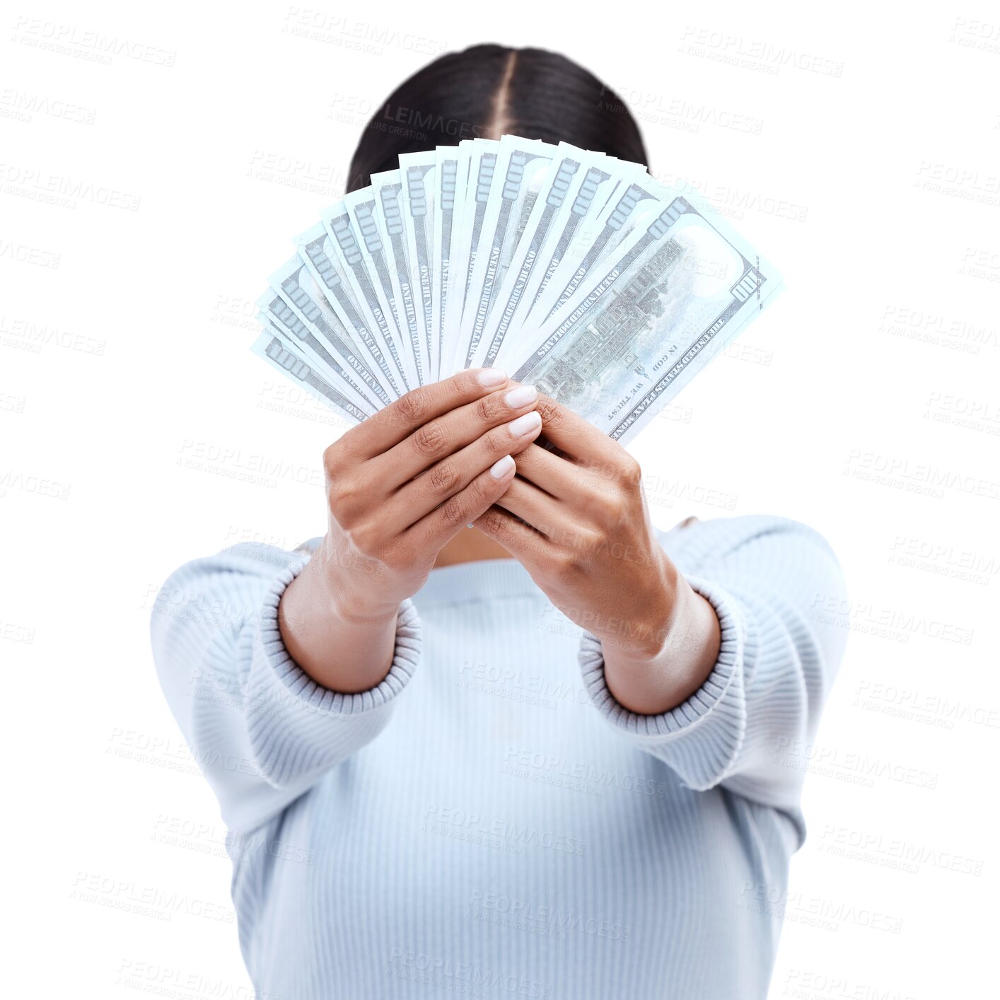 Buy stock photo Show, finance and winner with woman and money on png for prize, success or investment. Wow, dollar and bonus with person and cash isolated on transparent background for savings, profit or lottery