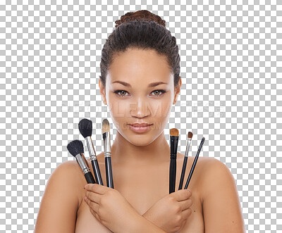 Buy stock photo Woman, makeup and portrait of brush set for face, cosmetics or aesthetic tools isolated on transparent png background. Young female model, facial beauty and holding collection of skincare products