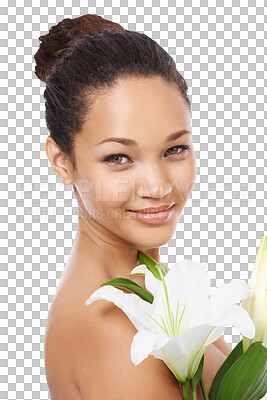 Buy stock photo Skincare, spa and portrait of woman with flowers on isolated, png and transparent background. Dermatology, beauty salon and face of natural female person with lily for cosmetics, makeup and wellness