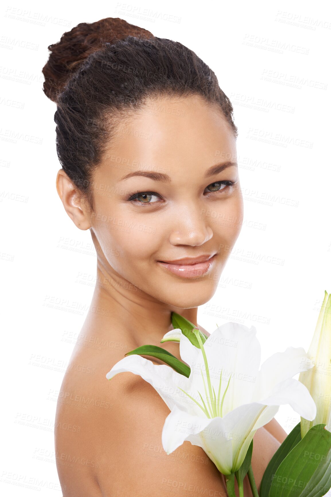 Buy stock photo Skincare, spa and portrait of woman with flowers on isolated, png and transparent background. Dermatology, beauty salon and face of natural female person with lily for cosmetics, makeup and wellness