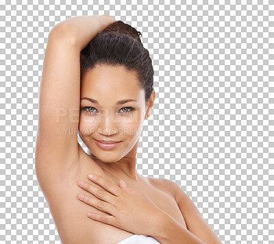 Buy stock photo Portrait, happy or woman armpit, clean morning routine and smile for self care, hygiene or epilation. Bathroom shower, natural scent or face of person grooming isolated on transparent, png background