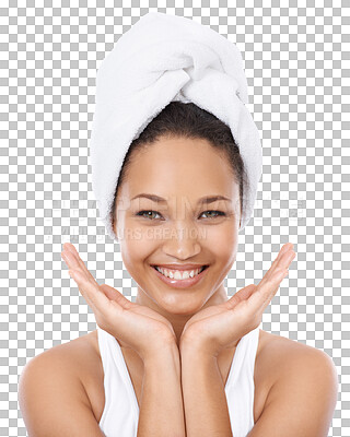 Buy stock photo Portrait, smile or happy woman cleaning, hygiene routine or bathroom wellness for facial skincare, shower or hair care. Spa wash, beauty face or morning person isolated on transparent, png background