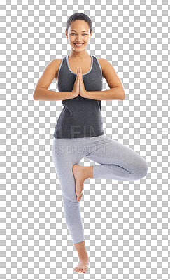 Buy stock photo Happy woman, portrait and yoga in namaste pose for zen workout isolated on a transparent PNG background. Female person or yogi in balance for spiritual wellness, mind and body training or exercise