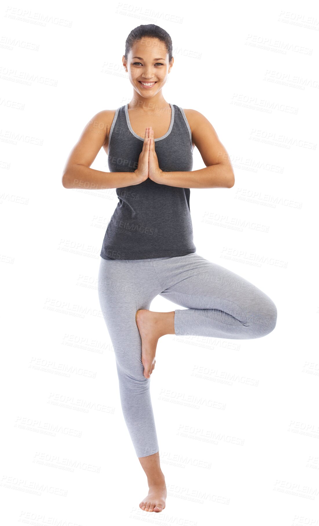 Buy stock photo Happy woman, portrait and yoga in namaste pose for zen workout isolated on a transparent PNG background. Female person or yogi in balance for spiritual wellness, mind and body training or exercise