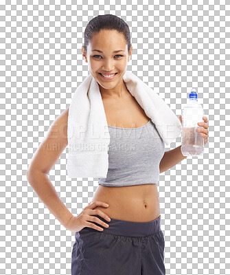 Buy stock photo Happy woman, portrait and water bottle in fitness for hydration isolated on a transparent PNG background. Female person smile with towel and natural liquid for drinking after cardio workout exercise