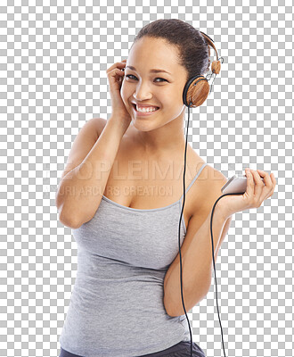 Buy stock photo Happy woman, portrait and headphones listening to music standing isolated on a transparent PNG background. Female person smile and enjoying audio streaming, sound track or songs with radio connection