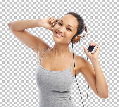 Buy stock photo Happy woman, headphones and listening to music or dancing isolated on a transparent PNG background. Portrait of female person smile enjoying audio streaming, sound track or songs and radio connection