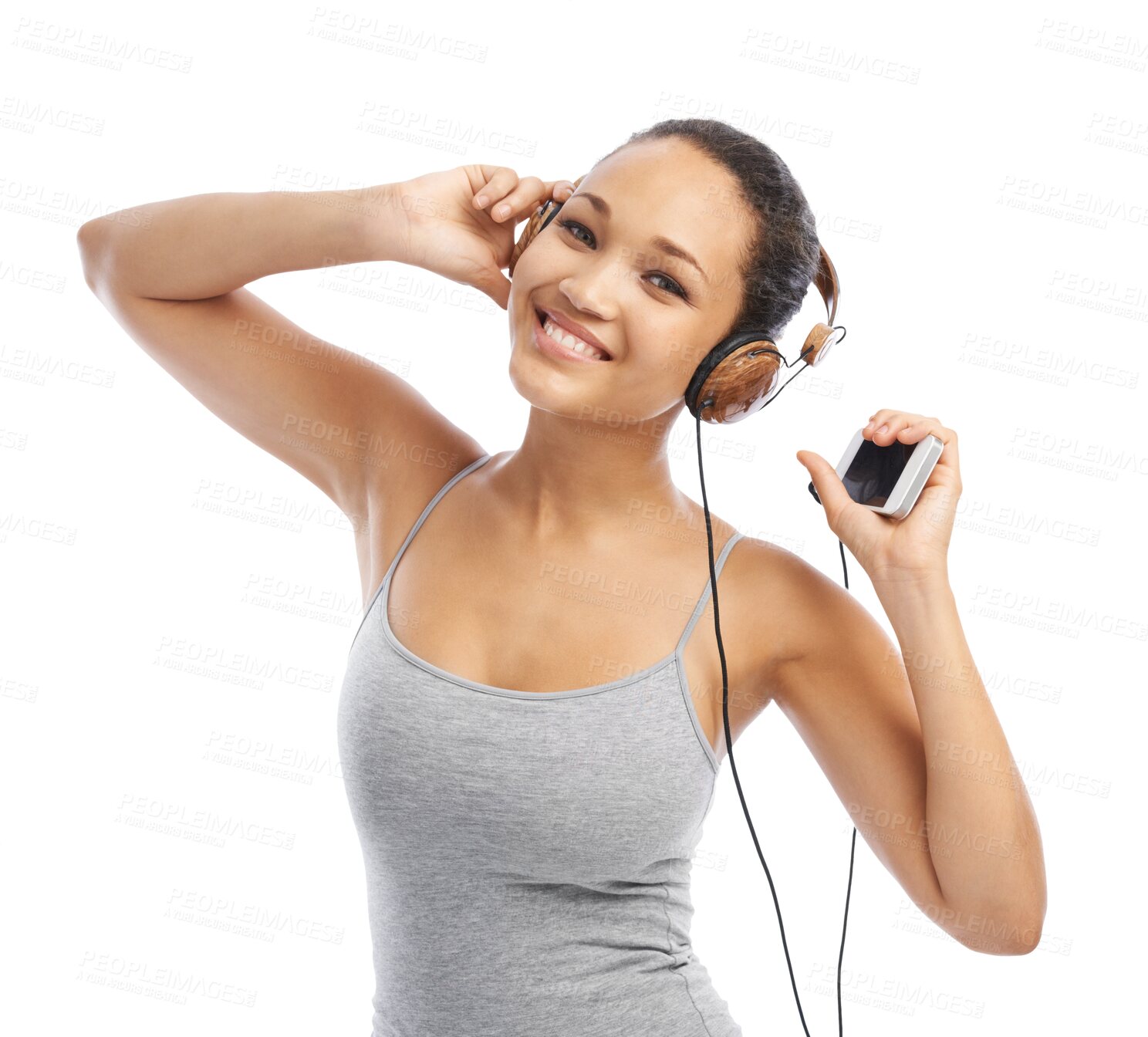 Buy stock photo Happy woman, headphones and listening to music or dancing isolated on a transparent PNG background. Portrait of female person smile enjoying audio streaming, sound track or songs and radio connection