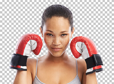 Buy stock photo Boxing, face of woman and portrait with gloves for sports isolated on transparent png background. Focus, female boxer and fighting for fitness, mma exercise and power for action, impact and training