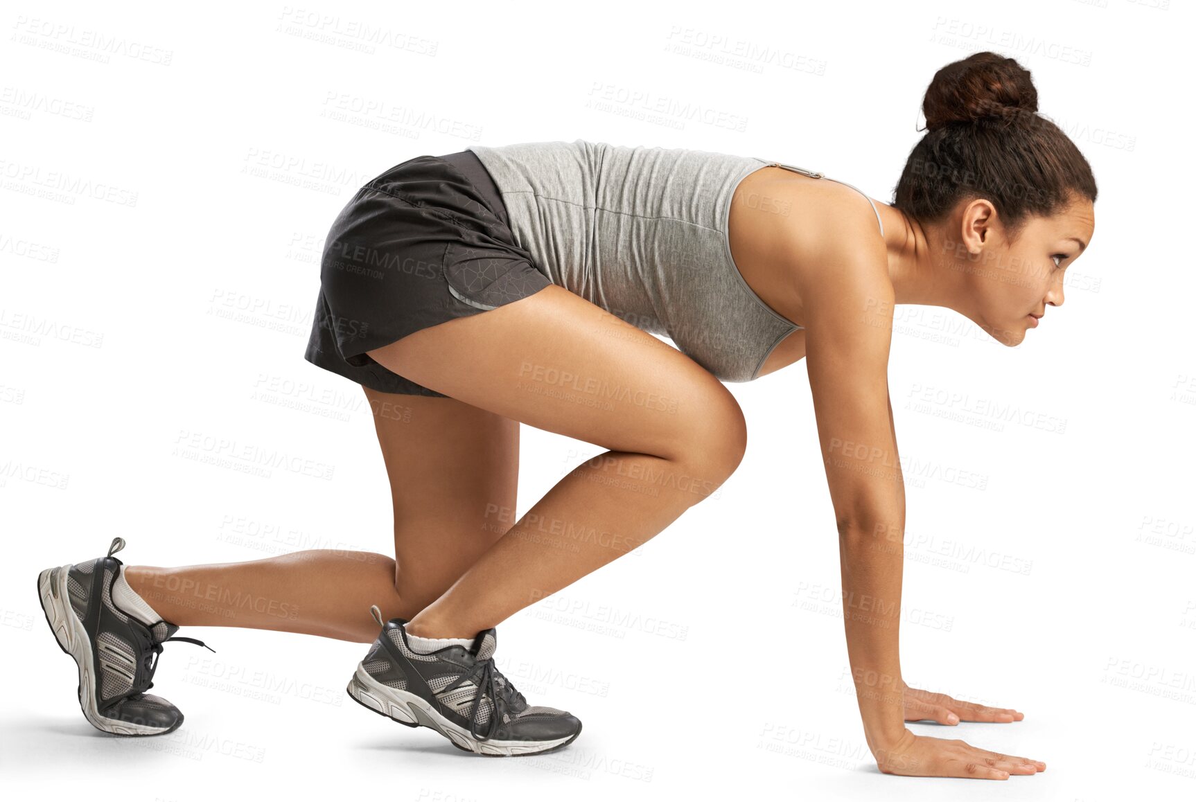 Buy stock photo Woman, profile and start running for sports, action and speed isolated on transparent png background. Female athlete, runner and focus for fitness marathon, cardio exercise and power of race training