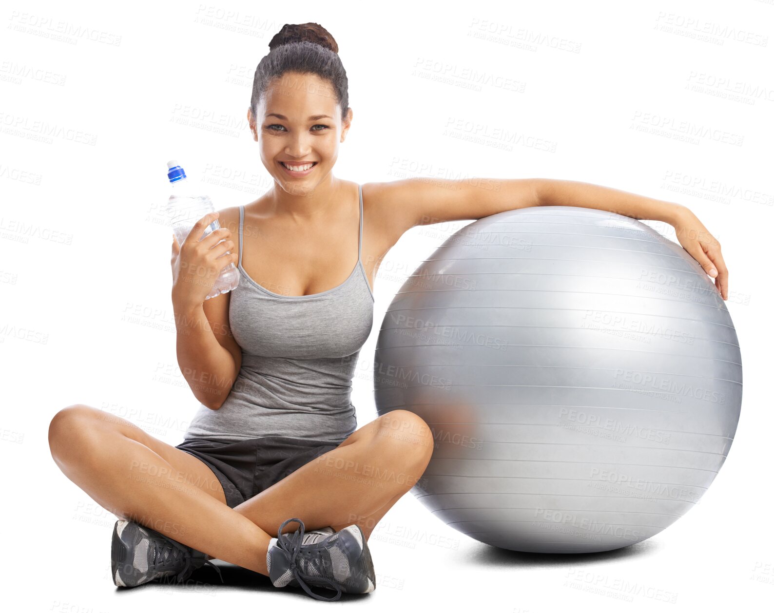 Buy stock photo Exercise, ball and portrait of happy woman on the floor for water break on isolated, transparent and png background. Face, smile and female personal trainer with inflatable for training or workout