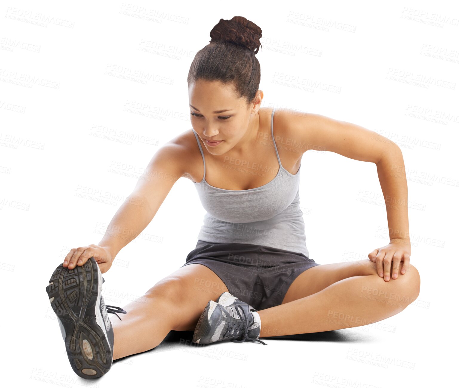 Buy stock photo Woman touch feet for fitness, training and performance isolated on transparent png background. Female athlete stretching legs in sports workout, muscle mobility or flexible exercise of healthy runner