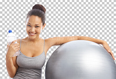 Buy stock photo Exercise ball, pilates and portrait of happy woman relax on water break on isolated, transparent and png background. Smile, positive and female person in gym with inflatable for training or workout