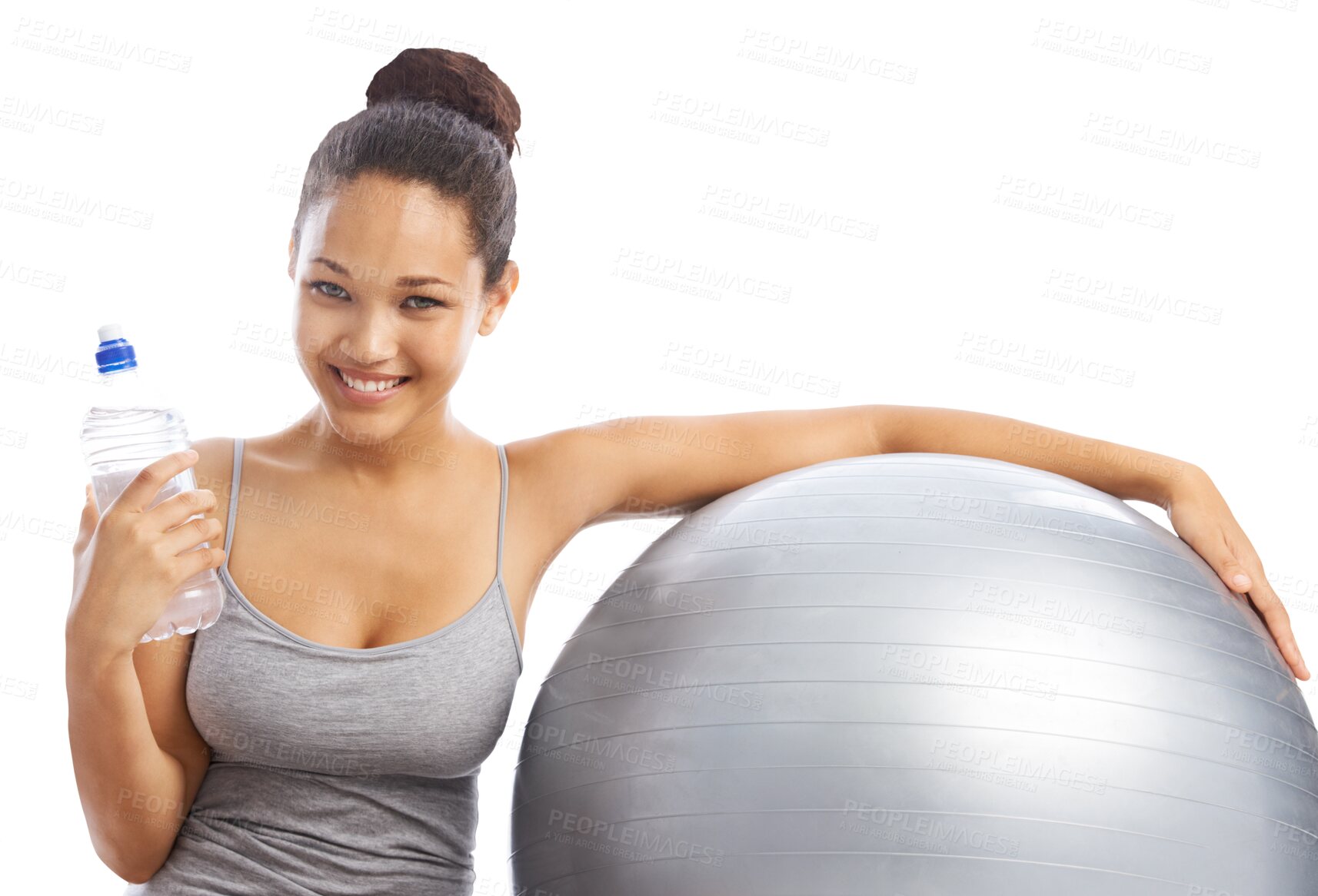 Buy stock photo Exercise ball, pilates and portrait of happy woman relax on water break on isolated, transparent and png background. Smile, positive and female person in gym with inflatable for training or workout