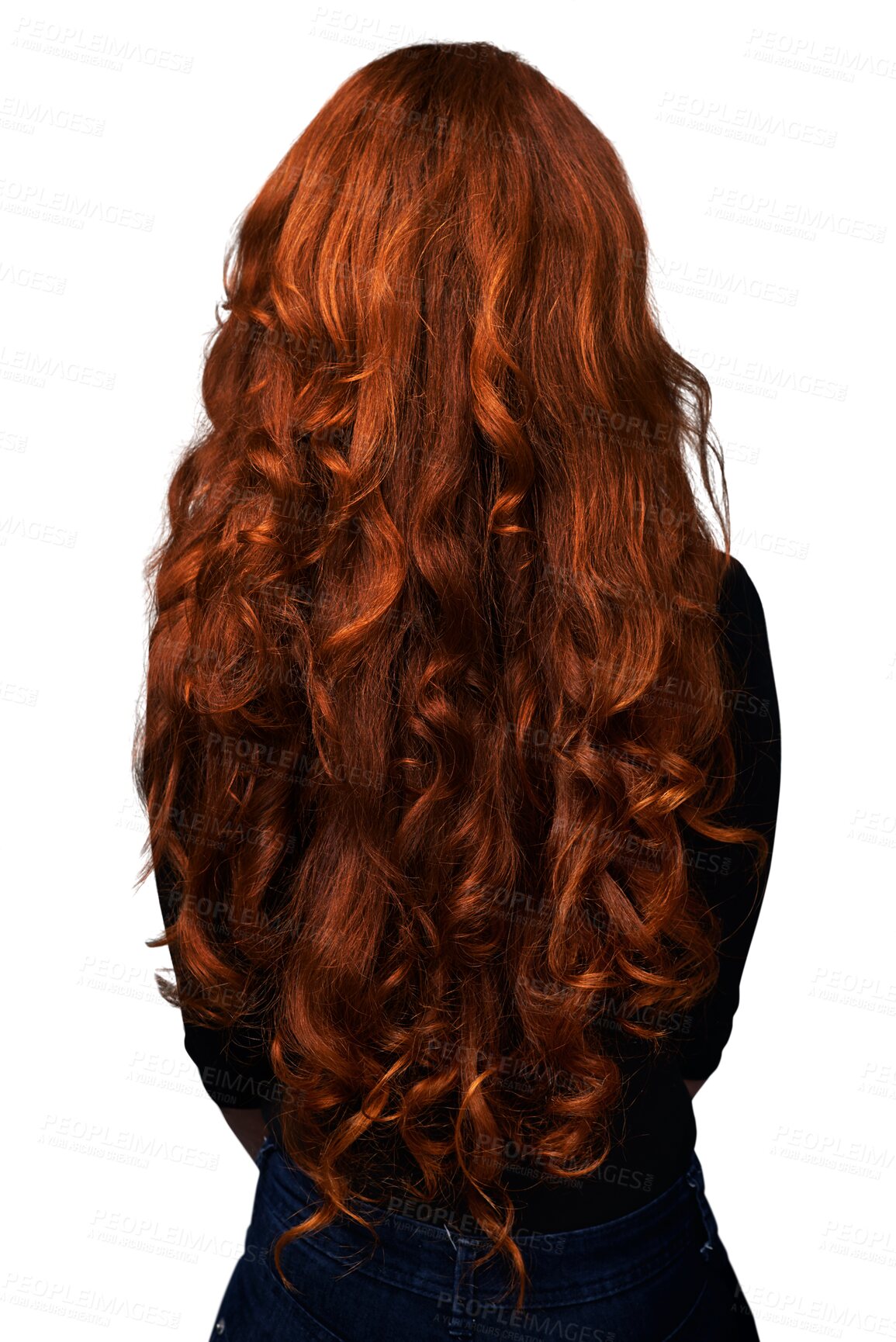 Buy stock photo Wavy, back and woman with red hair growth, curly textures and healthy long locks, smooth shine and clean. Beauty salon hygiene, hairdressing or ginger person isolated on transparent, png background