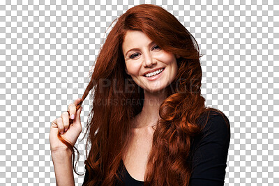 Buy stock photo Portrait, ginger or woman smile with healthy long hair, grooming care or soft glow, growth or clean salon haircut. Face, strong locks or happy person hairstyle isolated on transparent, png background