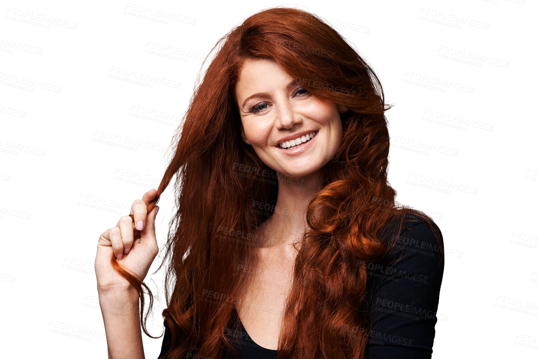 Buy stock photo Portrait, ginger or woman smile with healthy long hair, grooming care or soft glow, growth or clean salon haircut. Face, strong locks or happy person hairstyle isolated on transparent, png background