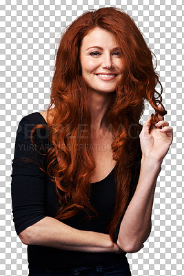 Buy stock photo Portrait, ginger and happy woman with red hair, healthy texture growth and soft shine, smile or flirty expression. Salon hairstyle, happiness and auburn person isolated on transparent, png background