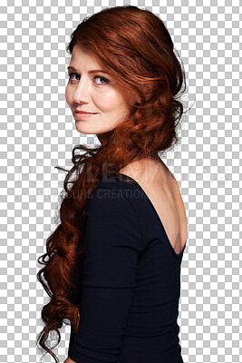 Buy stock photo Ginger woman, portrait or red wavy hair with grooming care, clean shampoo hygiene or highlight extension, glow or shine. Spa salon hairstyle, keratin or person isolated on transparent, png background