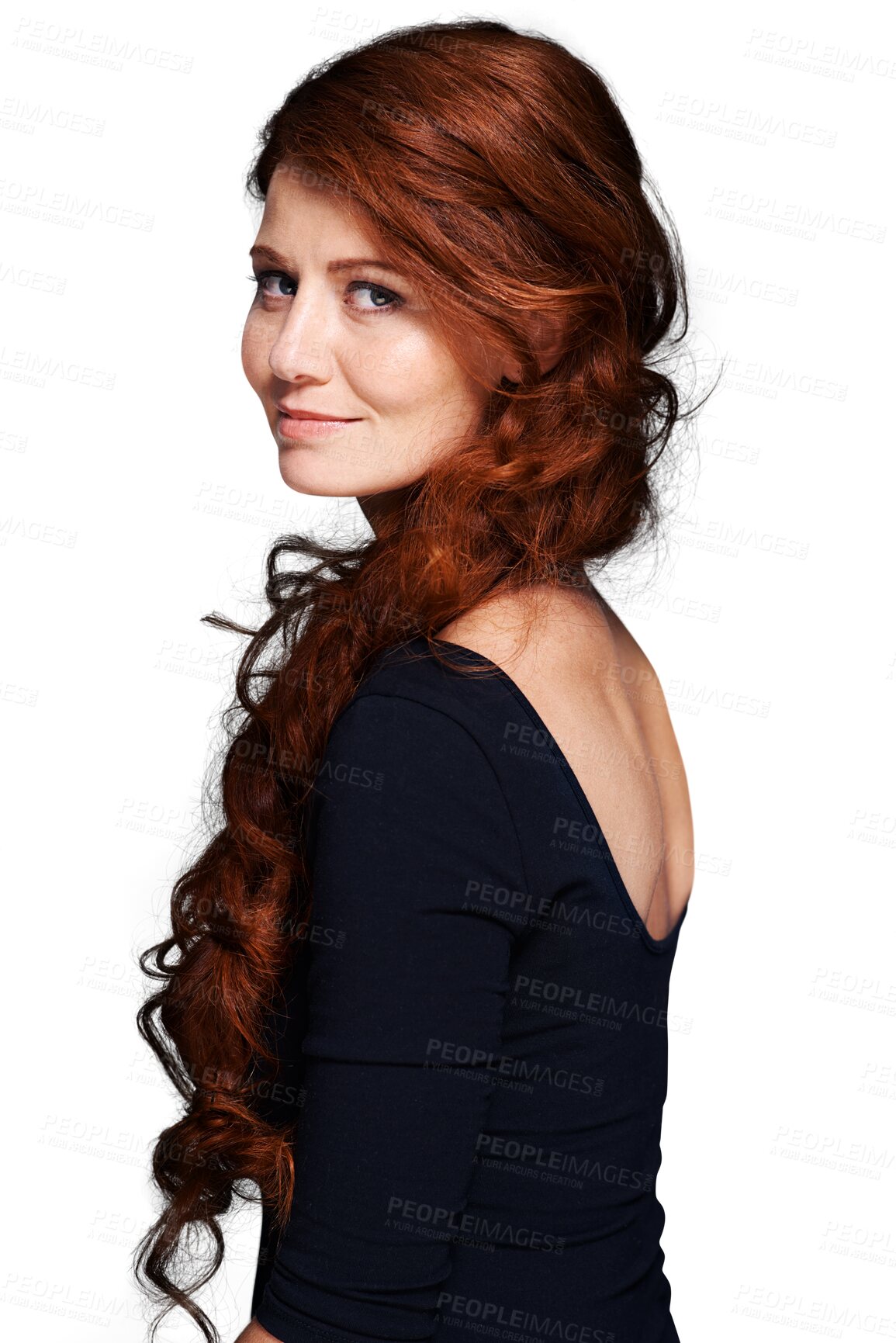 Buy stock photo Ginger woman, portrait or red wavy hair with grooming care, clean shampoo hygiene or highlight extension, glow or shine. Spa salon hairstyle, keratin or person isolated on transparent, png background