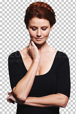 Buy stock photo Thinking, mental health and relax woman sad, doubt or question problem, crisis or mistake. Decision, choice and ginger person depressed over fail or red hair isolated on transparent, png background