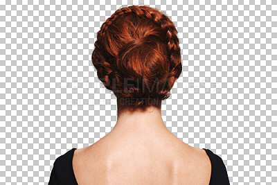 Buy stock photo Beauty, braid and hair care with back of woman on png for ballet dancer, cosmetics and red head. Ginger, hairstyle and salon treatment with person isolated on transparent background for shampoo