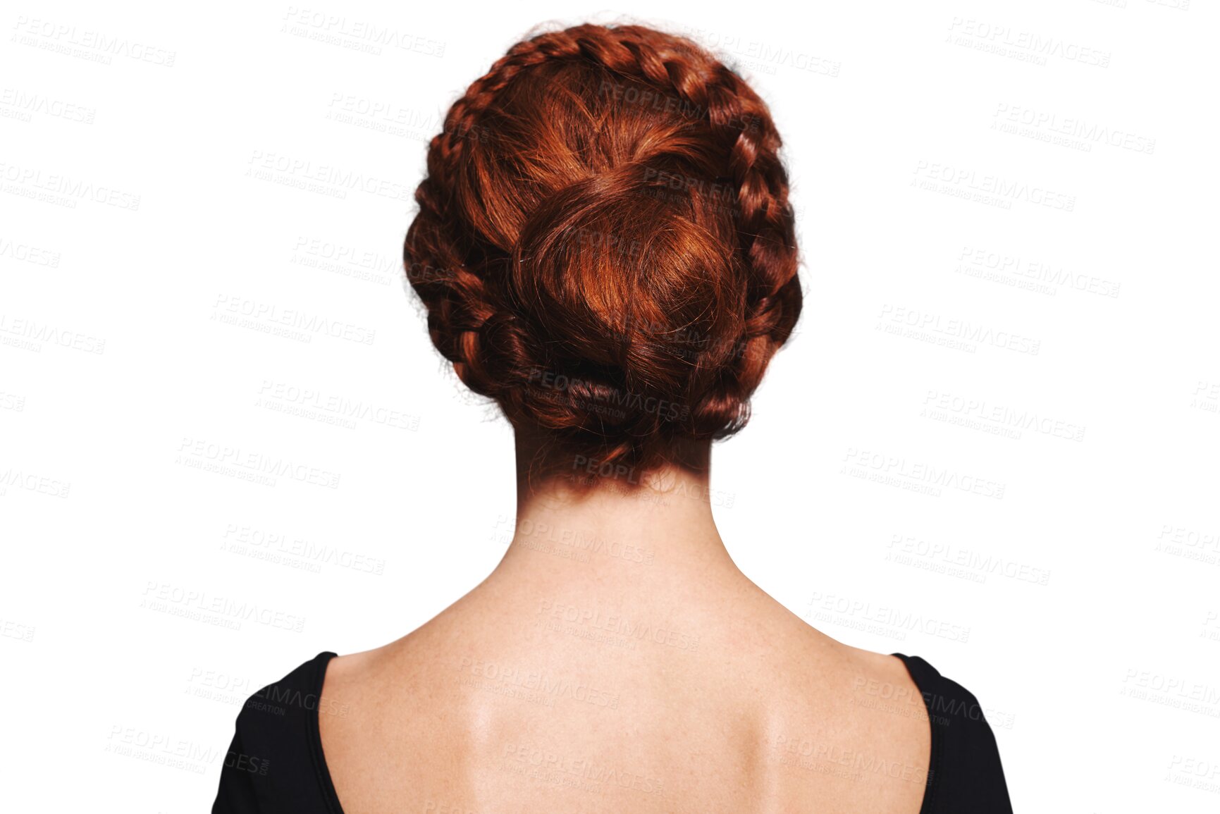 Buy stock photo Beauty, braid and hair care with back of woman on png for ballet dancer, cosmetics and red head. Ginger, hairstyle and salon treatment with person isolated on transparent background for shampoo