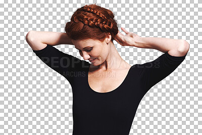 Buy stock photo Beauty, red head and hair care with woman and style on png for makeup, cosmetics and braid. Ginger, hairstyle and salon treatment with person isolated on transparent background for shampoo and trendy