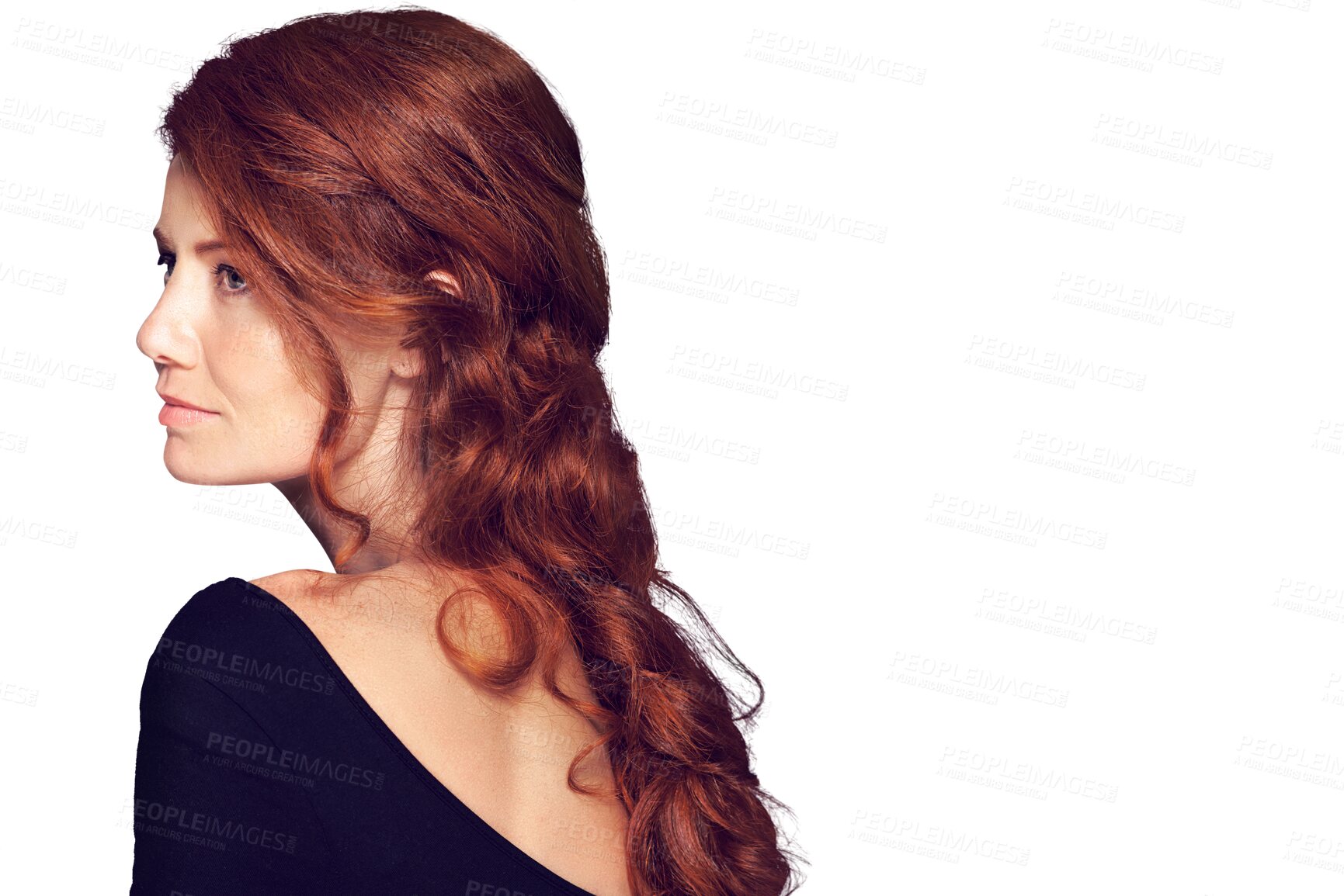 Buy stock photo Beauty, hair and profile of ginger woman with curls on isolated, png and transparent background. Salon, haircare and face of redhead female model with healthy texture, natural hairstyle and cosmetics