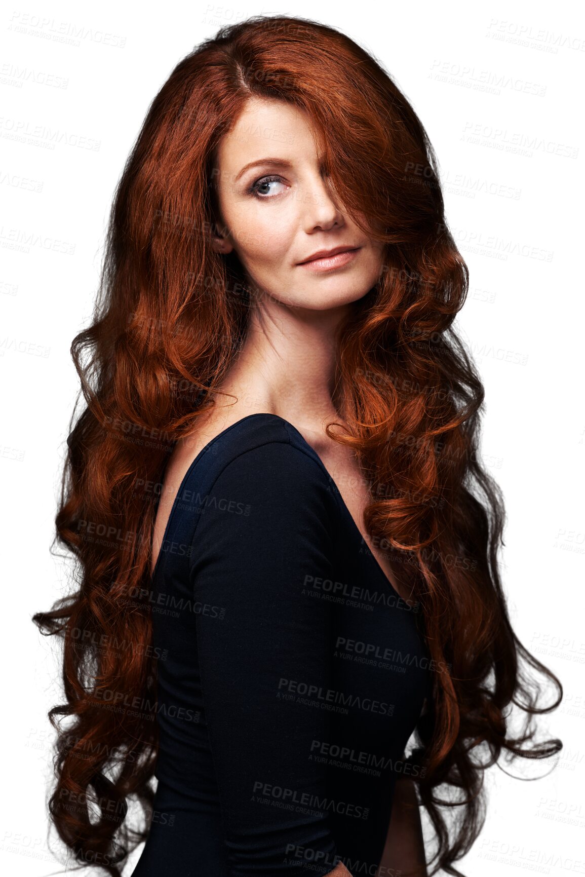 Buy stock photo Wavy, long and woman with red hair care, curly texture and hairstyle volume, highlights glow or auburn extensions. Spa salon, shampoo clean and ginger person isolated on transparent, png background