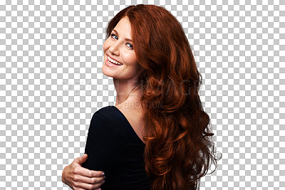 Buy stock photo Portrait, smile or woman with red curly hair, texture shine and hairstyle volume, highlights or auburn extensions. Salon, shampoo clean or back of happy person isolated on transparent, png background