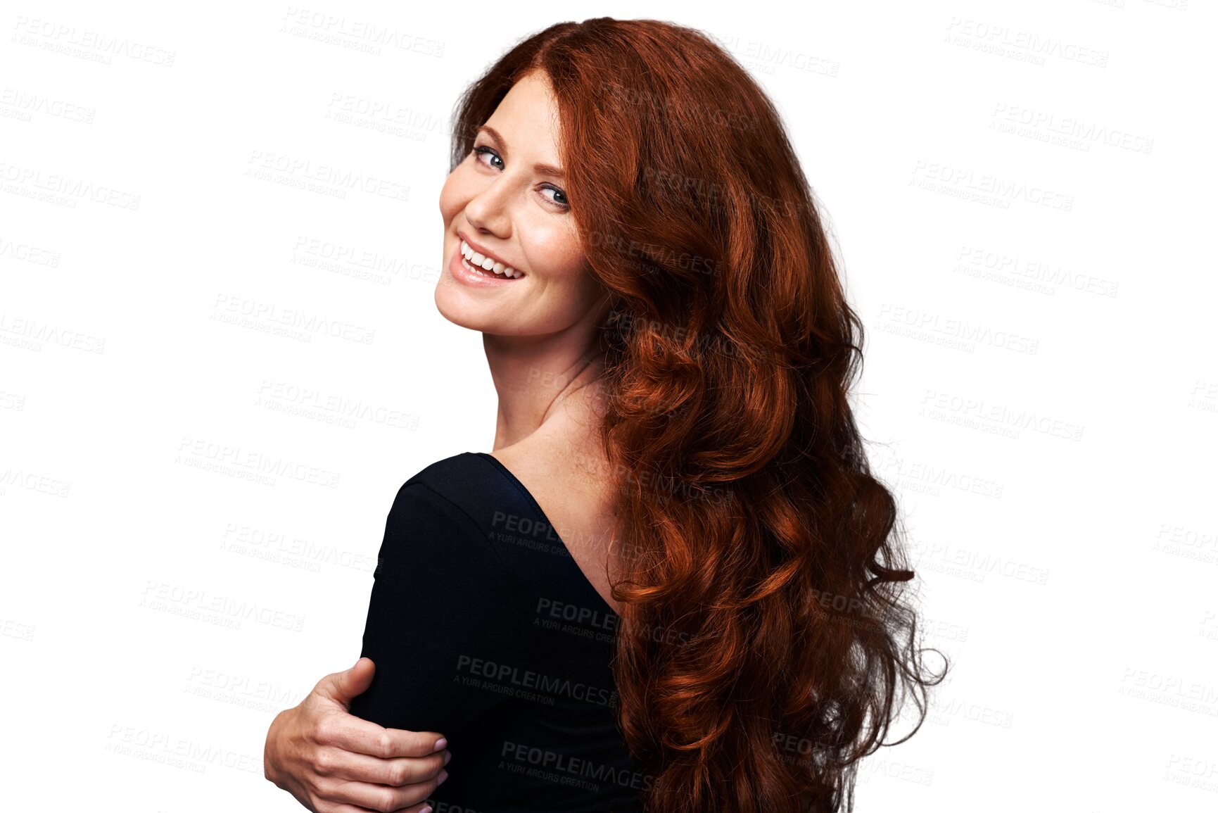 Buy stock photo Portrait, smile or woman with red curly hair, texture shine and hairstyle volume, highlights or auburn extensions. Salon, shampoo clean or back of happy person isolated on transparent, png background