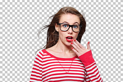 Buy stock photo Fashion, glasses and shock with portrait of woman on png for nerd, education and youth. Surprise, news and announcement with student isolated on transparent background for confidence and hipster