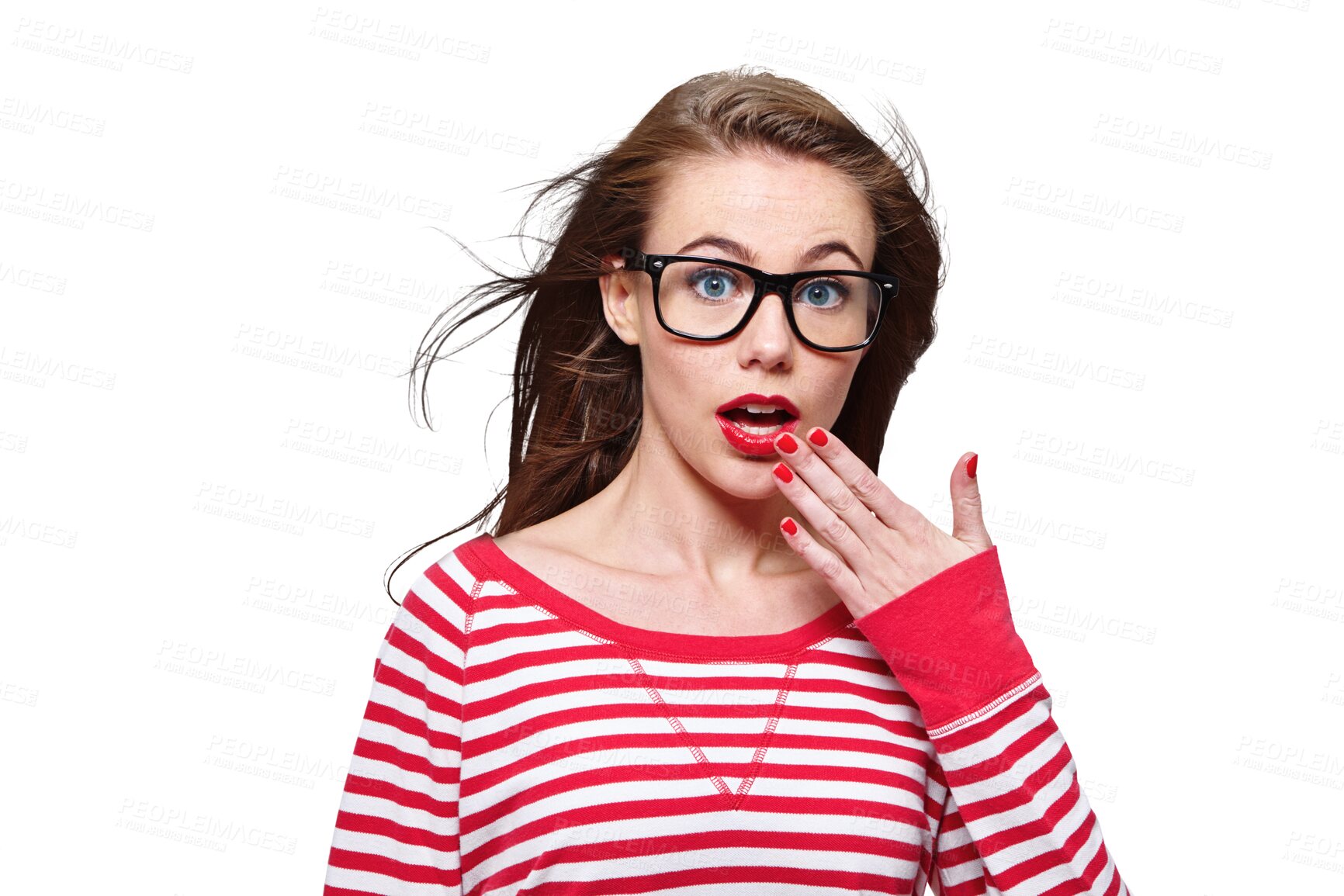 Buy stock photo Fashion, glasses and shock with portrait of woman on png for nerd, education and youth. Surprise, news and announcement with student isolated on transparent background for confidence and hipster