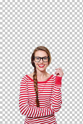 Buy stock photo Beauty, glasses and study with portrait of woman on png for nerd, education and youth. Happy, fashion and style with face of student isolated on transparent background for confidence and hipster