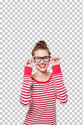 Buy stock photo Beauty, glasses and geek with portrait of woman on png for nerd, education and youth. Happy, fashion and style with face of student isolated on transparent background for confidence and hipster