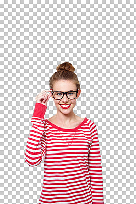 Buy stock photo Fashion, glasses and education with portrait of woman on png for nerd, study and youth. Happy, smart and style with face of student isolated on transparent background for confidence and hipster