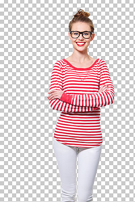 Buy stock photo Arms crossed, glasses and study with portrait of woman on png for nerd, education or youth. Happy, fashion and style with face of student isolated on transparent background for confidence and hipster