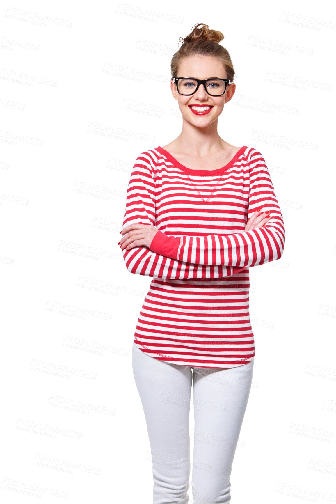 Buy stock photo Arms crossed, glasses and study with portrait of woman on png for nerd, education or youth. Happy, fashion and style with face of student isolated on transparent background for confidence and hipster