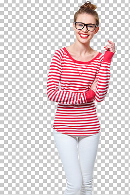 Buy stock photo Happy, glasses and geek with portrait of woman on png for nerd, education and youth. Smile, fashion and style with face of student isolated on transparent background for confidence and hipster