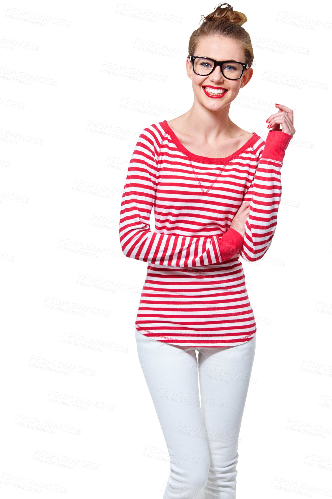 Buy stock photo Happy, glasses and geek with portrait of woman on png for nerd, education and youth. Smile, fashion and style with face of student isolated on transparent background for confidence and hipster