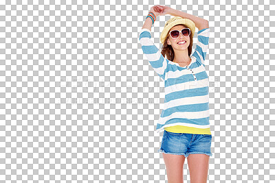 Buy stock photo Summer portrait, fashion or happy woman stretching for wellness, spring adventure or relax with trendy casual outfit. Apparel commercial, happiness and person isolated on transparent, png background