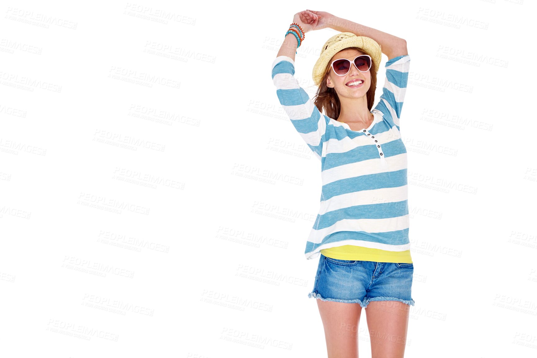 Buy stock photo Summer portrait, fashion or happy woman stretching for wellness, spring adventure or relax with trendy casual outfit. Apparel commercial, happiness and person isolated on transparent, png background