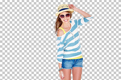 Buy stock photo Summer happiness, fashion and relax woman smile with spring clothes, fashionable accessories or trendy casual outfit. Freedom, apparel color and stylish person isolated on transparent, png background