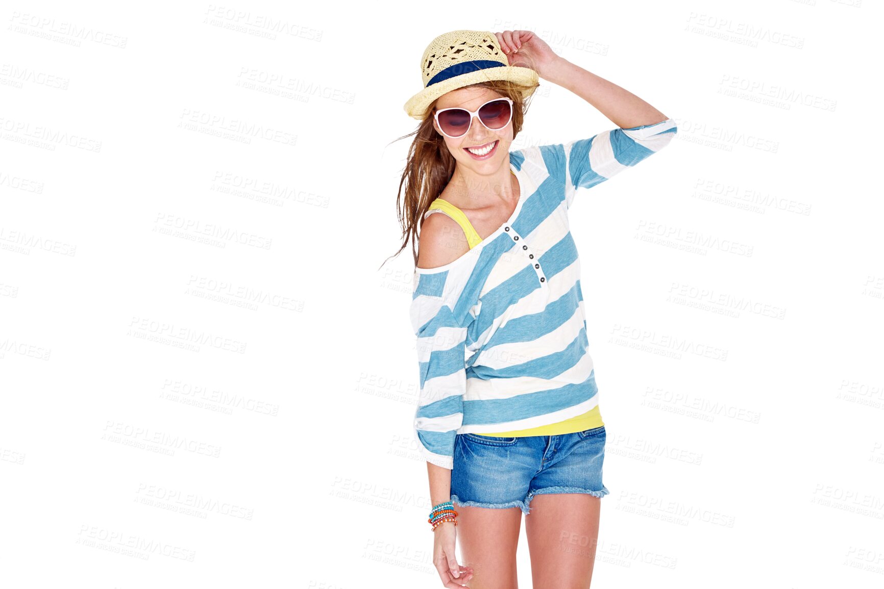 Buy stock photo Summer happiness, fashion and relax woman smile with spring clothes, fashionable accessories or trendy casual outfit. Freedom, apparel color and stylish person isolated on transparent, png background