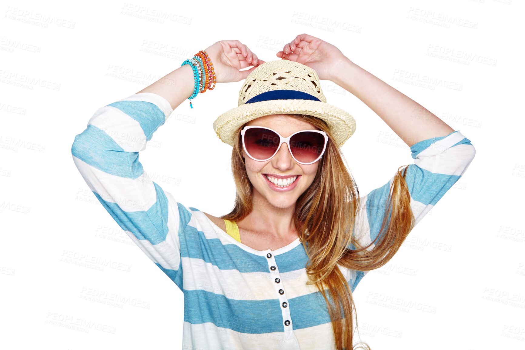 Buy stock photo Isolated woman, sunglasses and straw hat for fashion, style or excited with confidence by transparent png background. Student girl, model and summer beauty with clothes for person holiday travel