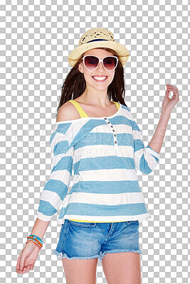 Buy stock photo Summer, fashion and woman with sunglasses smile on isolated, png and transparent background. Happy, accessories and confident female person with sun hat in trendy outfit, style and casual clothes